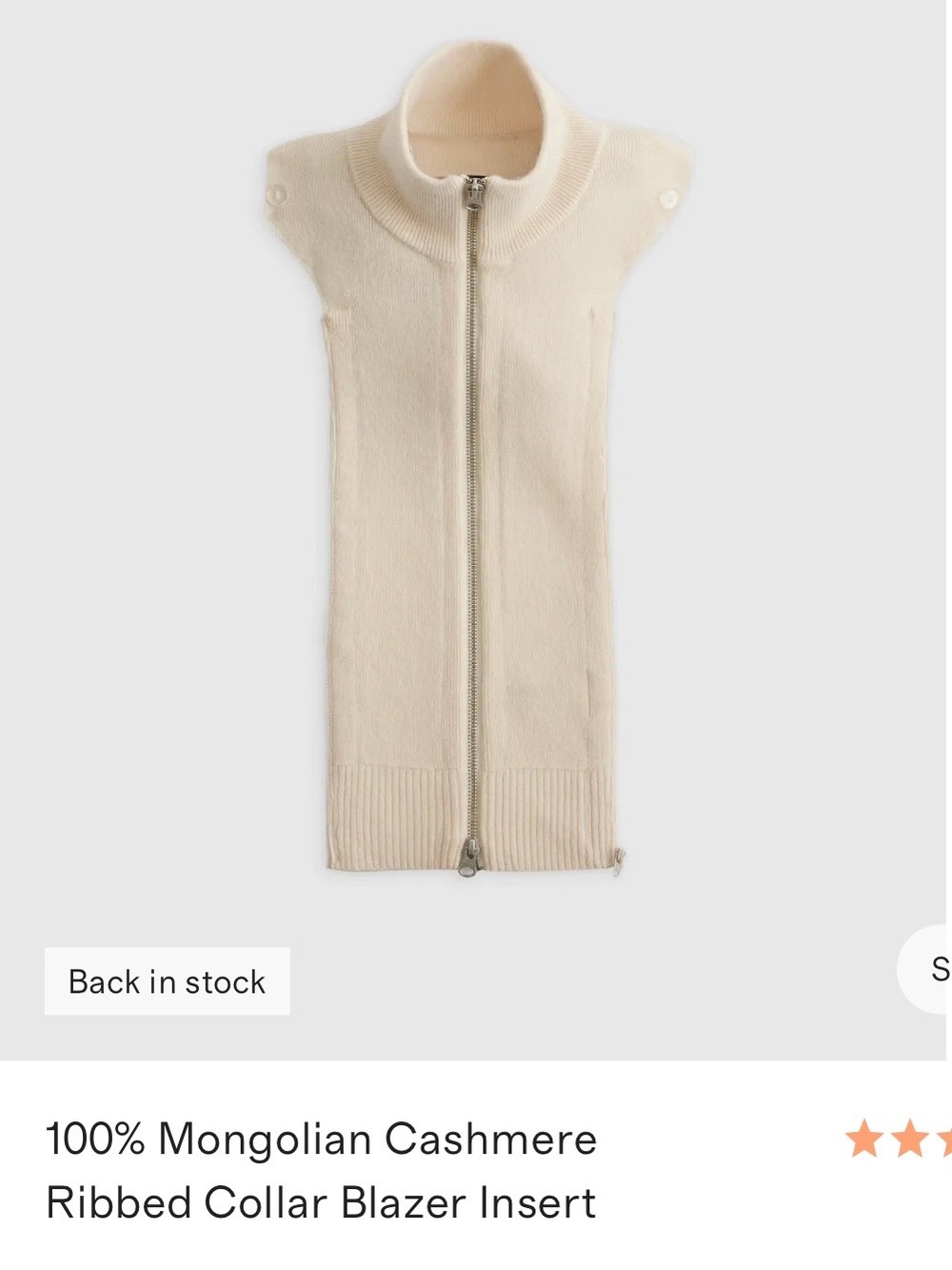 Quince Ivory Ribbed-Collar Mongolian Cashmere Blazer Insert sz XS/S/M